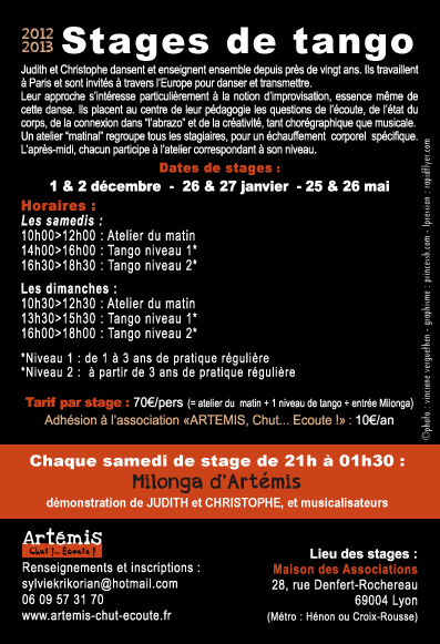 stages de tango proposés par l'association Artemis, chut...écoute et Sylvie Krikorian, à Lyon, infos.
